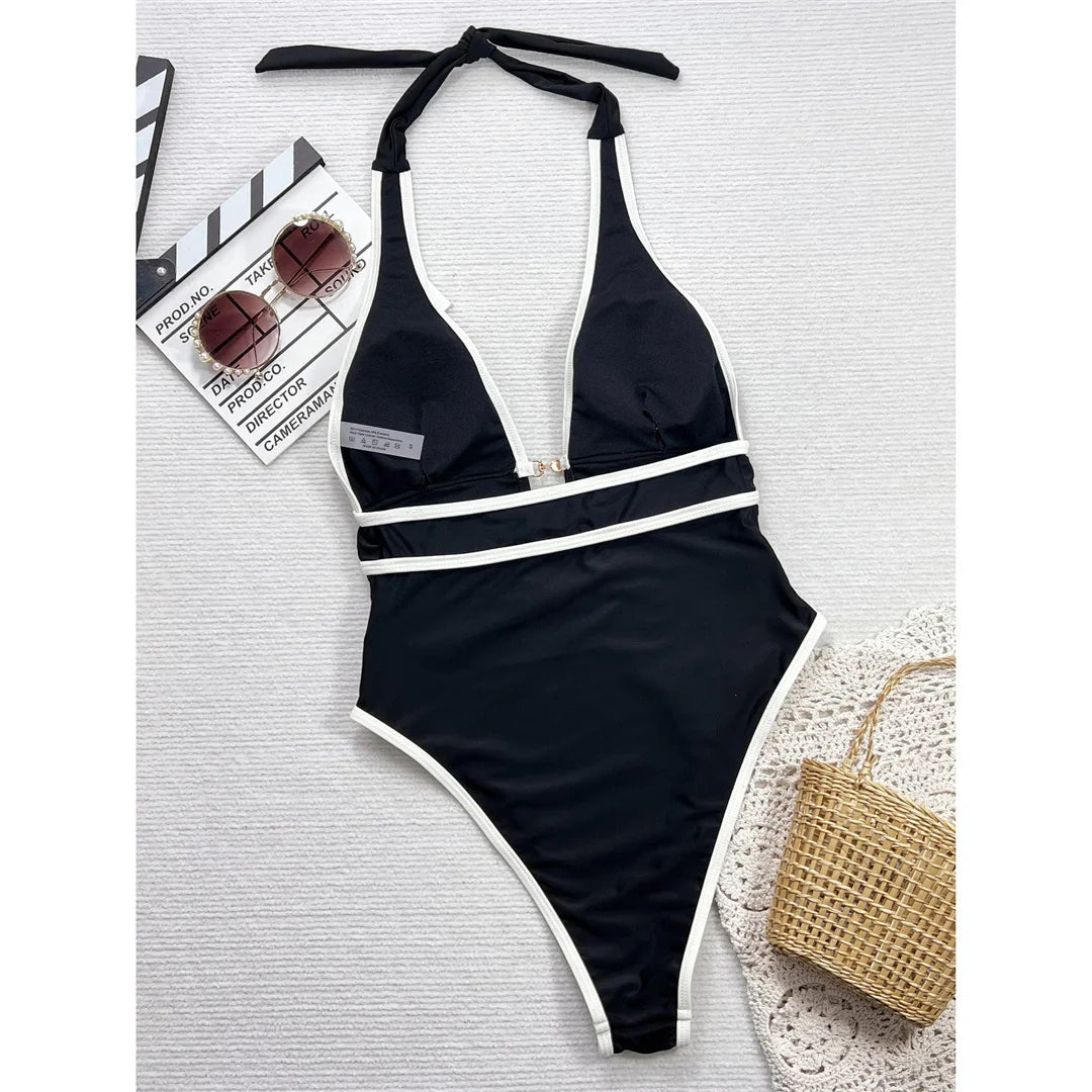 Deep V-Neck Halter Black Monokini