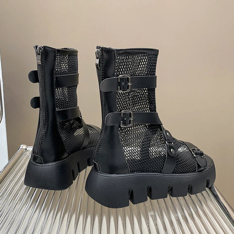 Mesh Cloth Riveted Belt Boots