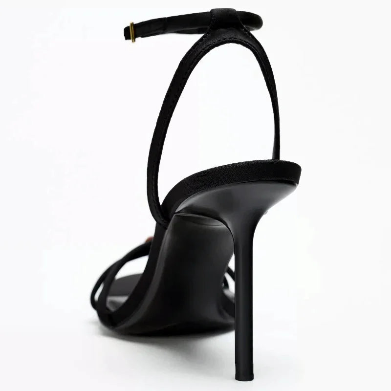 Black Ankle Strap Thin Heels Sandals