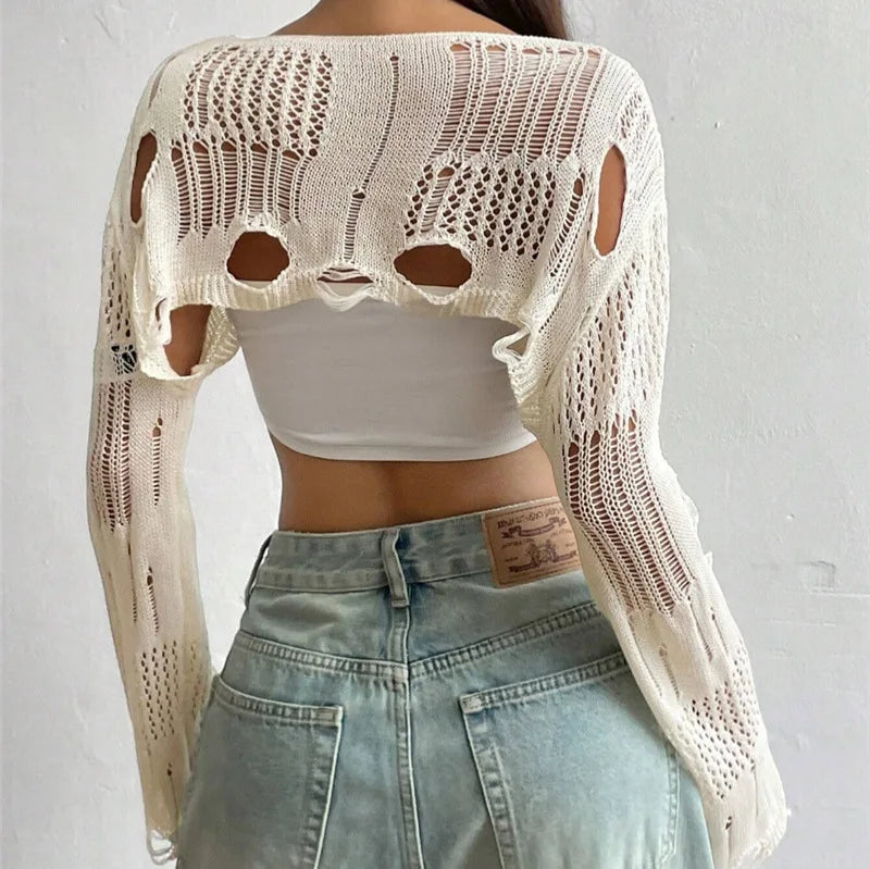 Ripped Long Sleeve Crochet Crop Top