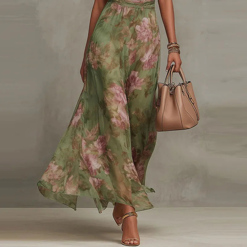 Elegant Halter Green Floral Maxi Dress