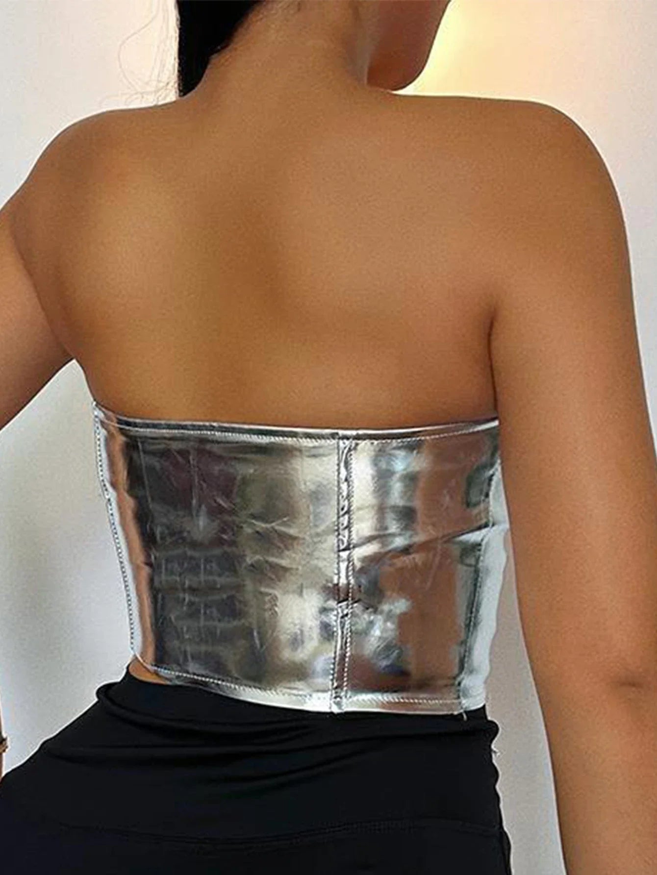 Metallic Color Lace-Up Front Crop Top