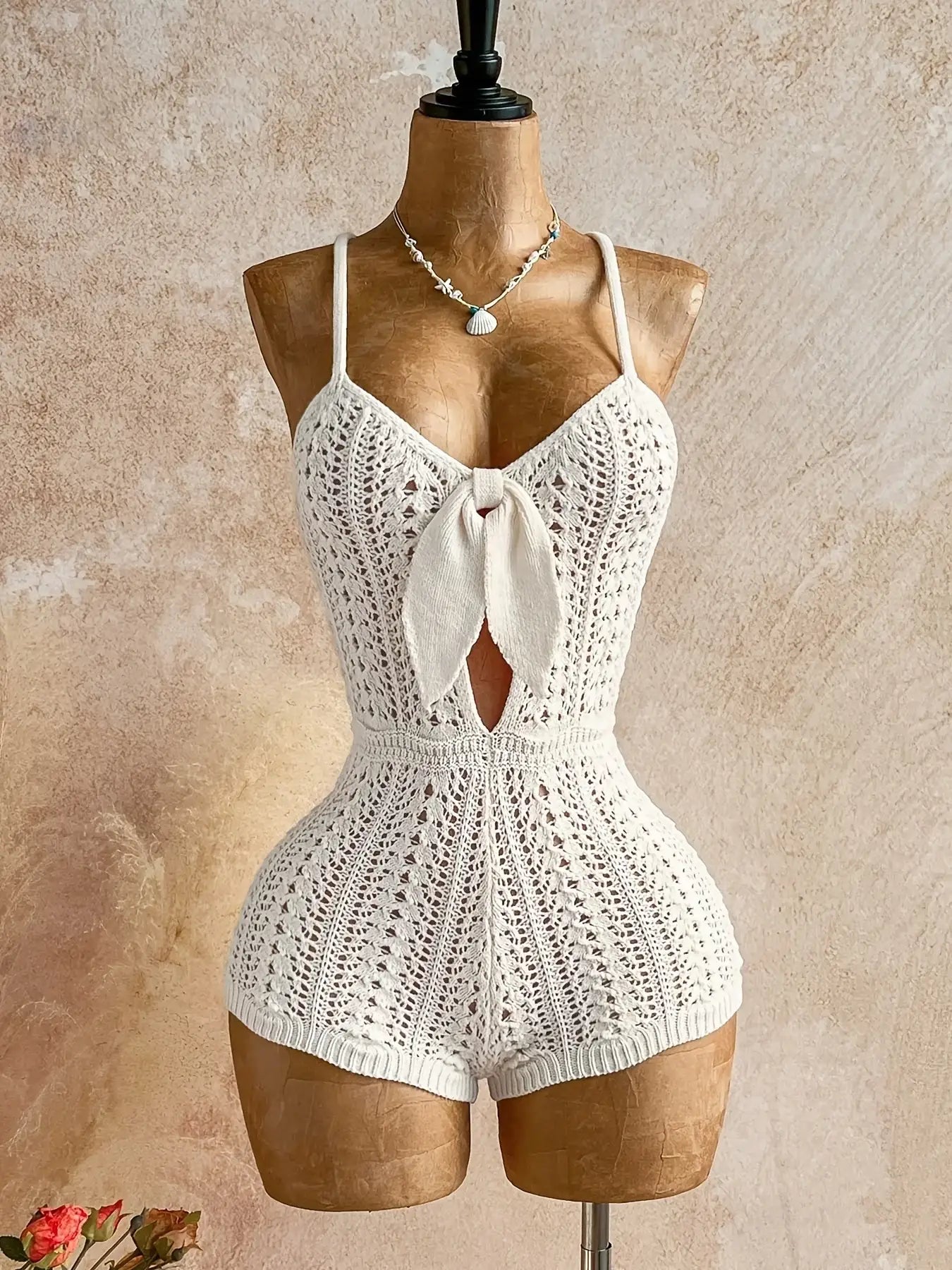 Boho White Crochet Backless Romper