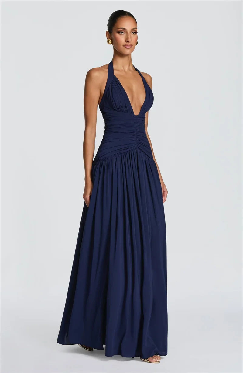 Halter Deep V Neck Backless Long Dress