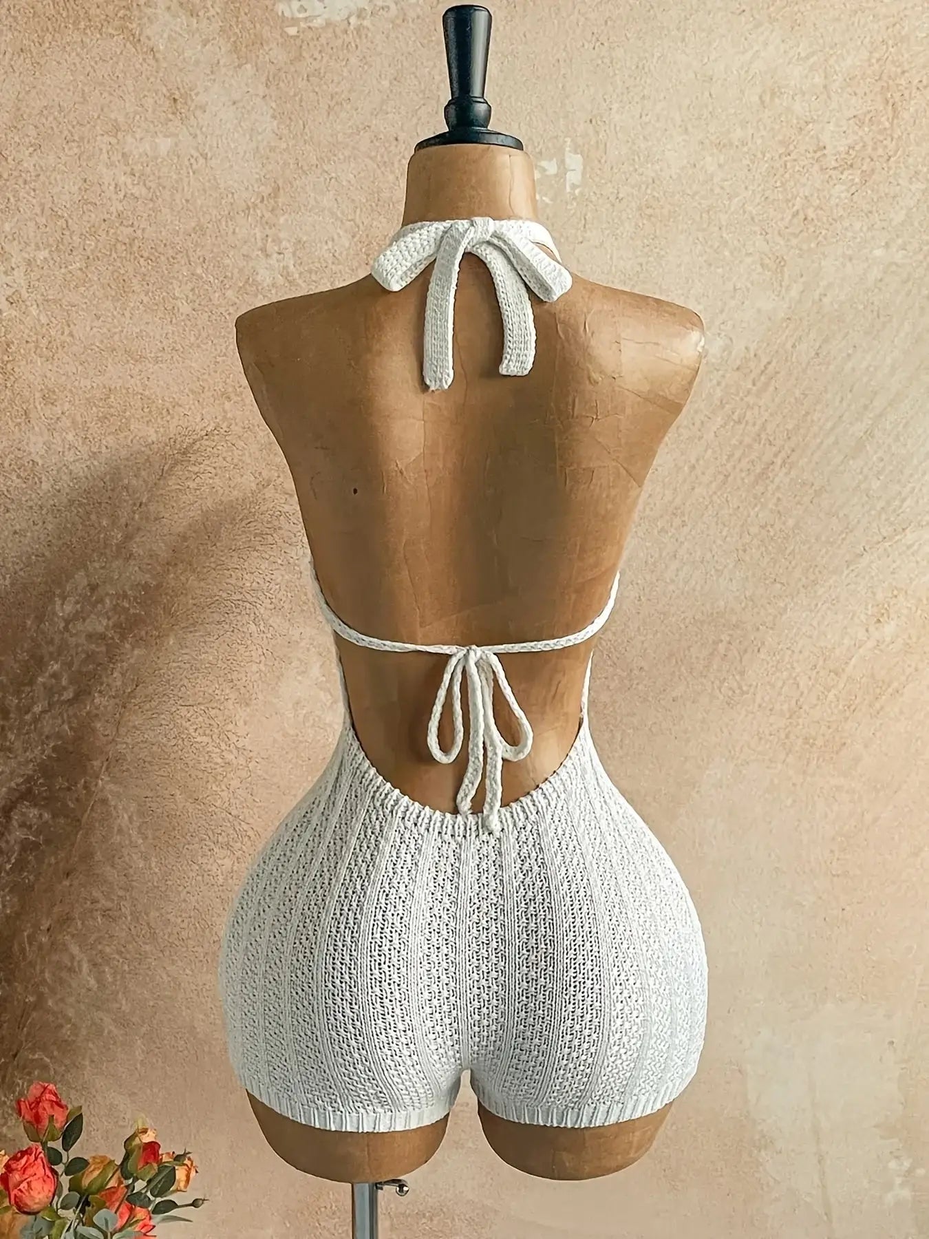 Crochet Halter White Backless Romper