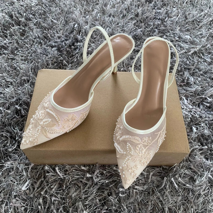 Sequin Embroidered Mesh Slingback Pump Shoes