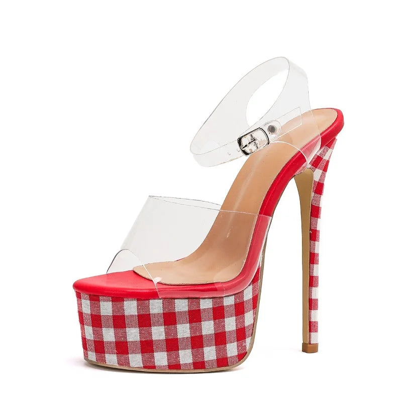Gangham Pattern Transparent Heels Sandals