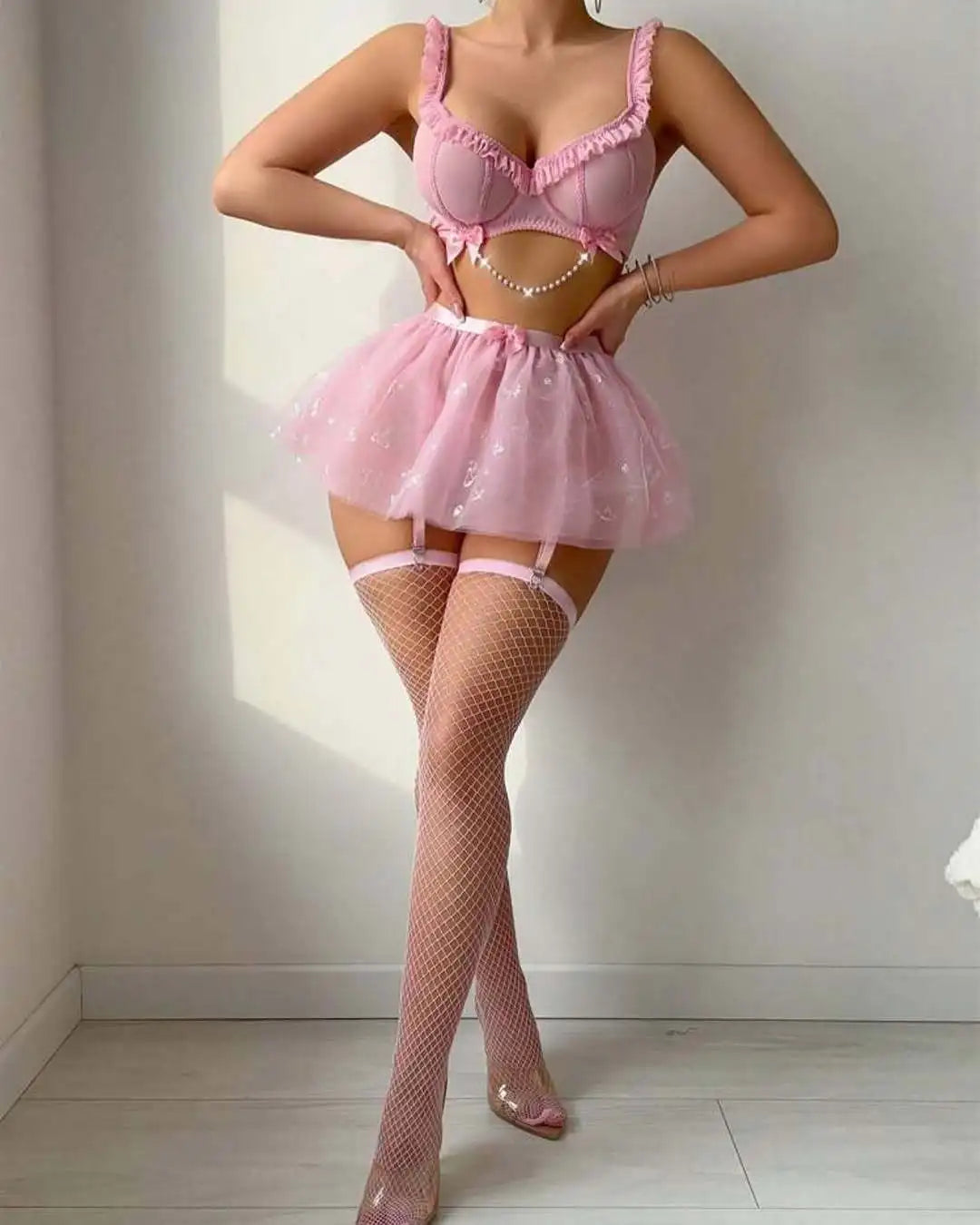 Pink Ruffles Bow Tulle Chain Lingerie