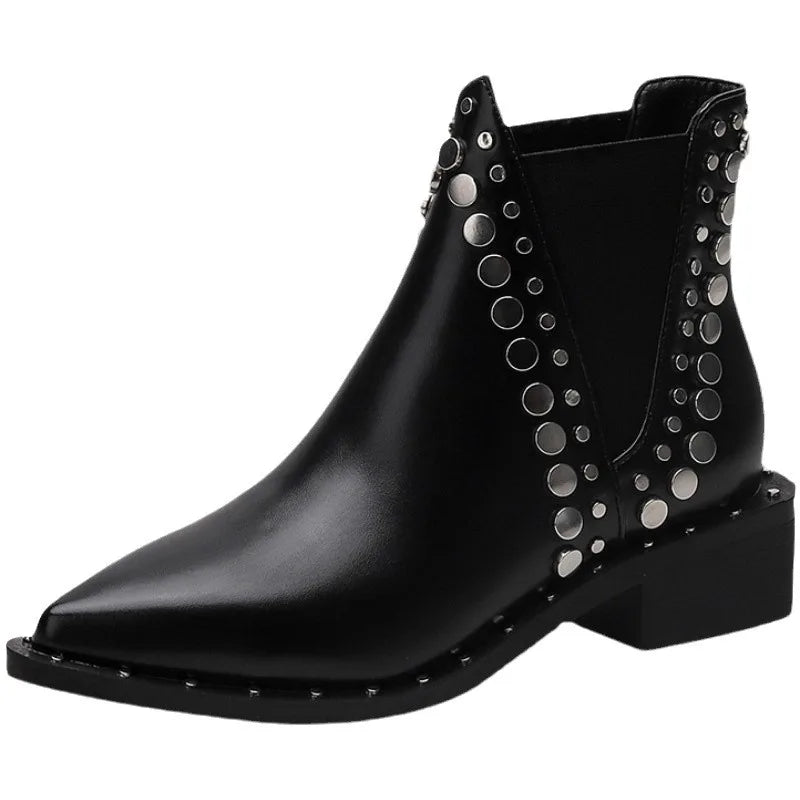 Rivet Pointed Toe Square Heels Boots
