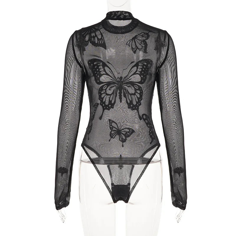 See Through Butterfly Long-Sleeve Bodysuit