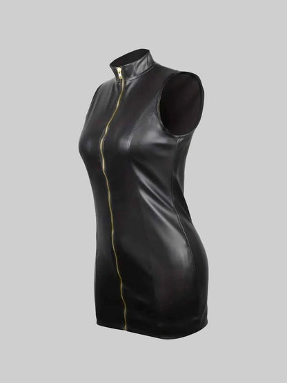 Zipper Black PU Leather Mini Dress