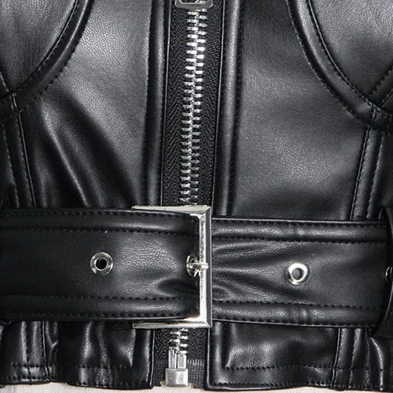 Black Leather Square Neck Crop Jacket