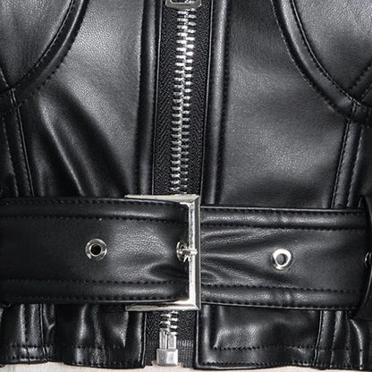Black Leather Square Neck Crop Jacket