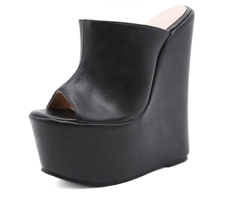 Black Leather High Wedges Heels Sandals