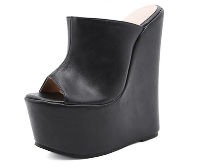 Black Leather High Wedges Heels Sandals