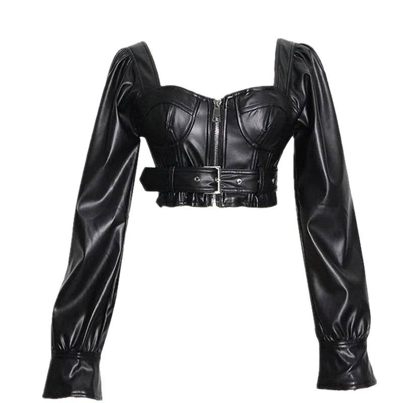 Black Leather Square Neck Crop Jacket