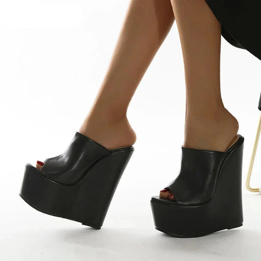 Black Leather High Wedges Heels Sandals