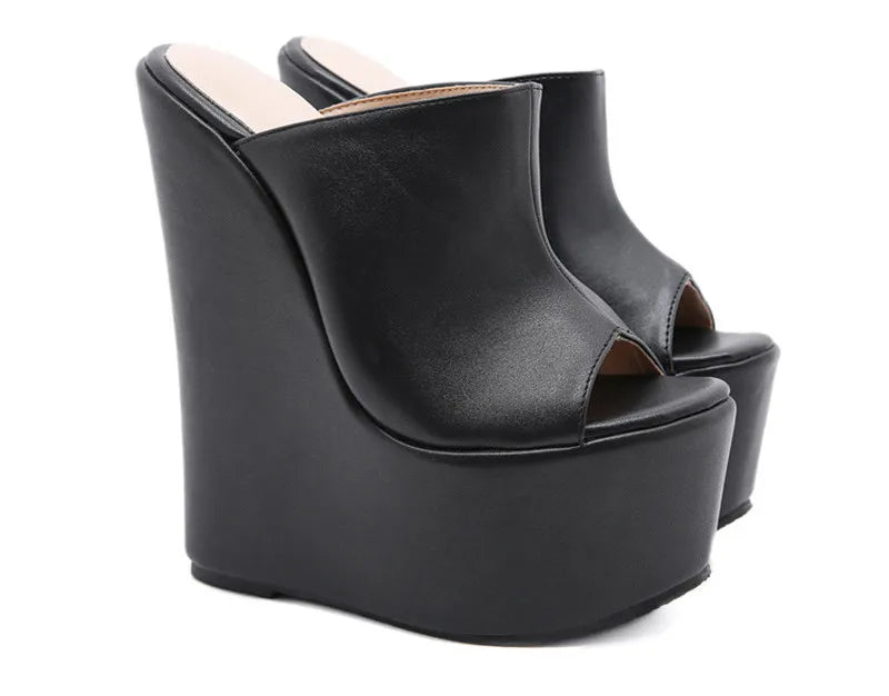 Black Leather High Wedges Heels Sandals