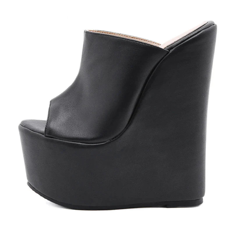 Black Leather High Wedges Heels Sandals