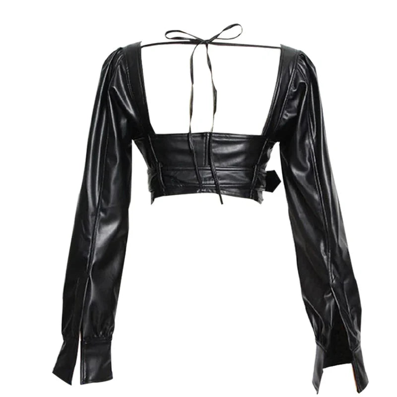 Black Leather Square Neck Crop Jacket