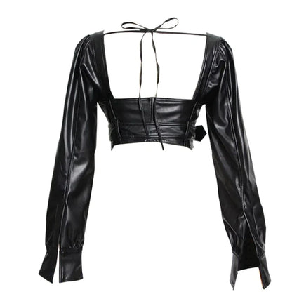 Black Leather Square Neck Crop Jacket