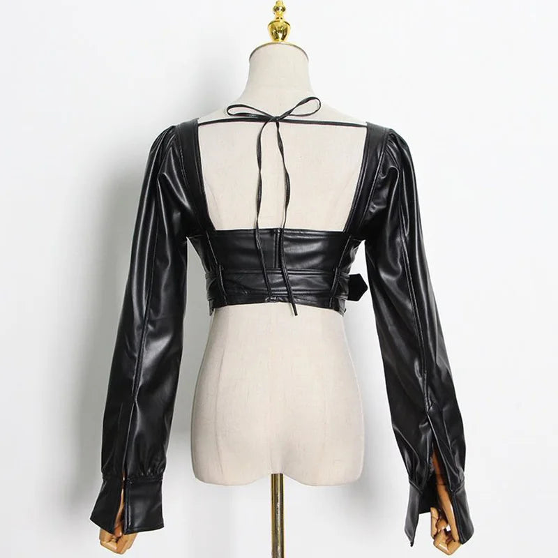 Black Leather Square Neck Crop Jacket