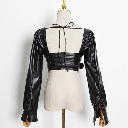 Black Leather Square Neck Crop Jacket