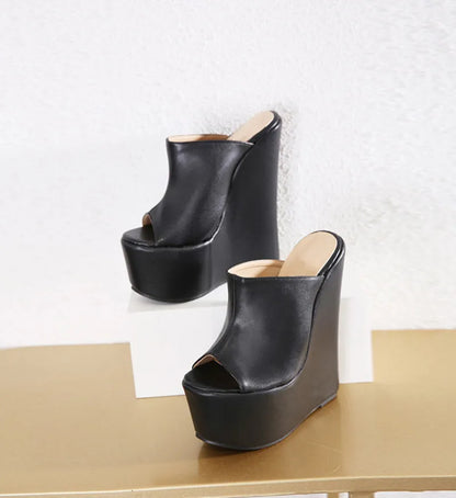 Black Leather High Wedges Heels Sandals