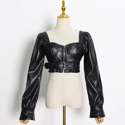 Black Leather Square Neck Crop Jacket