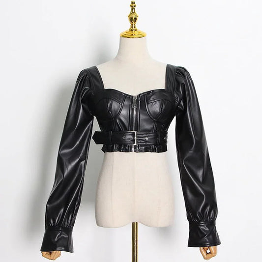 Black Leather Square Neck Crop Jacket
