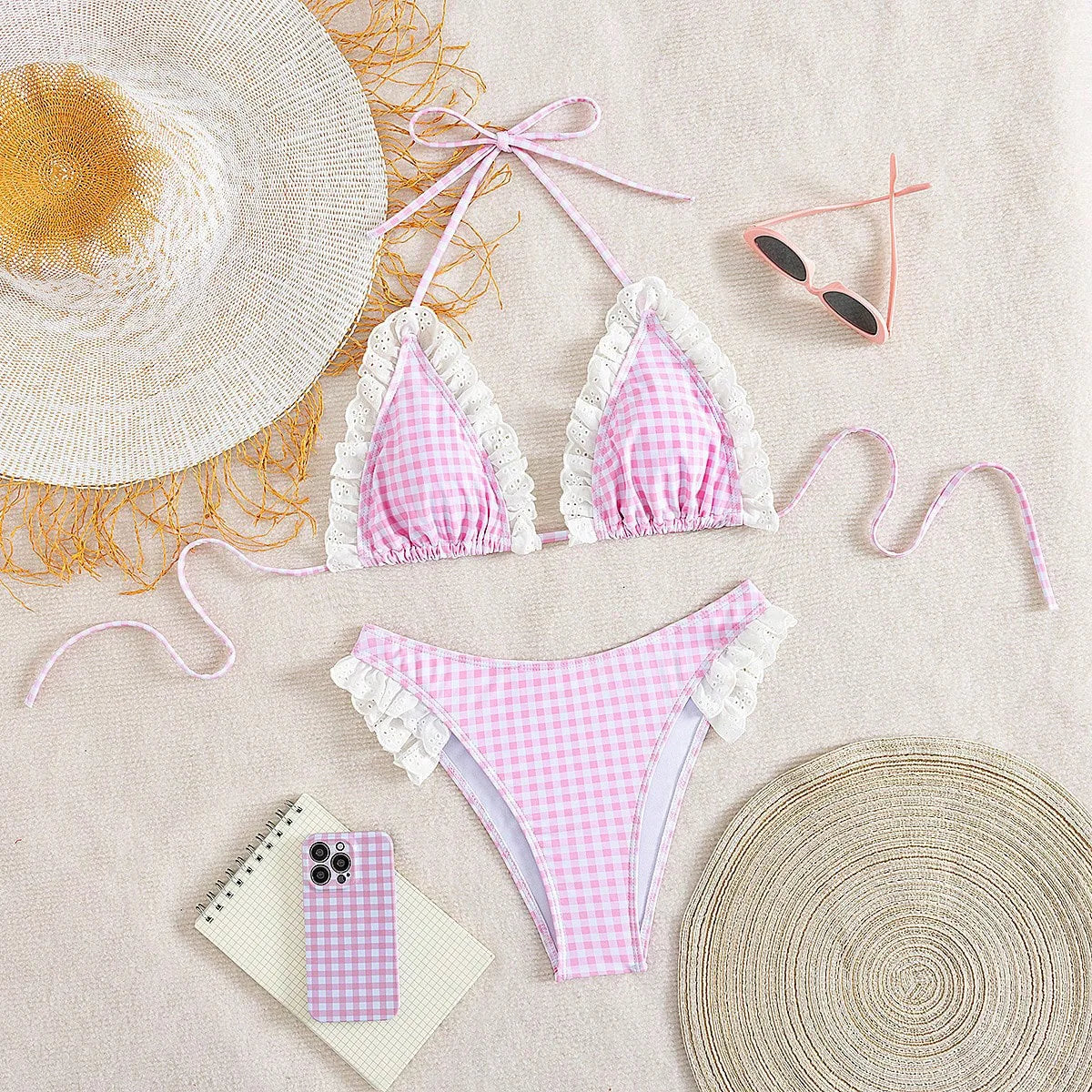 Summer Lace Trim Plaid Two-Piece