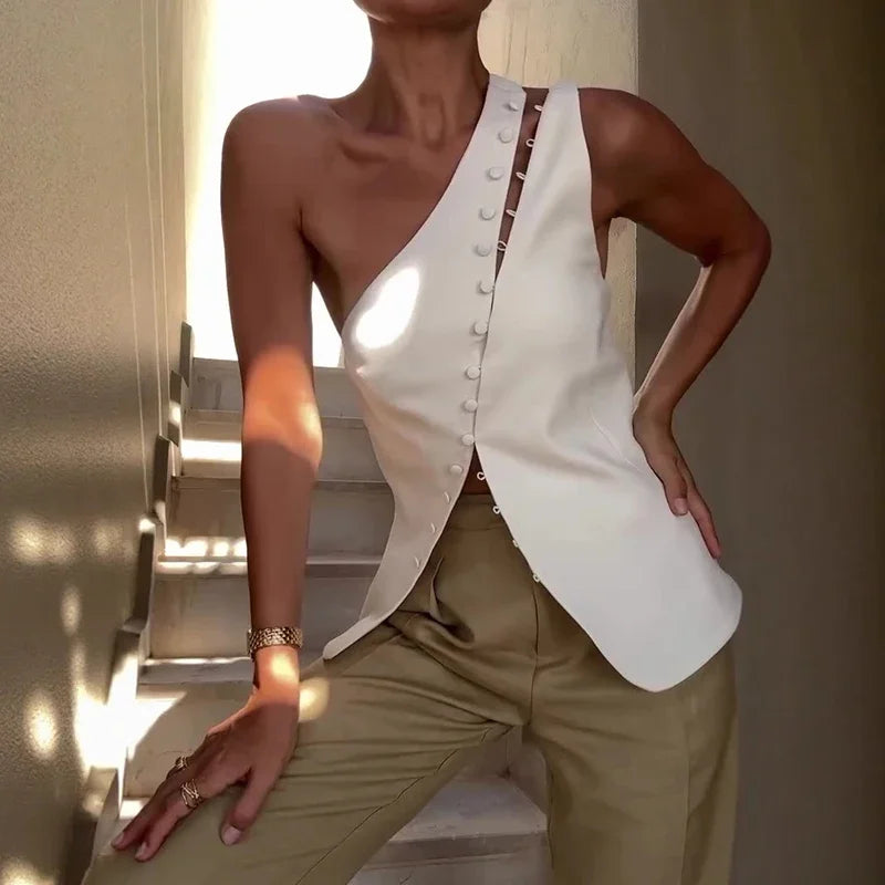 Curved Button One-Shoulder Top