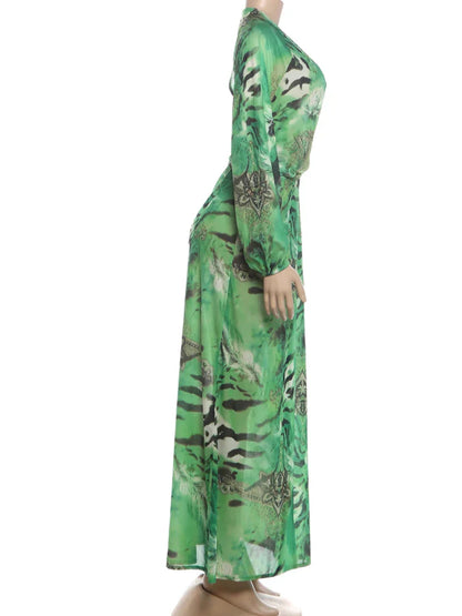 Lantern Sleeve Tiger Stripe Maxi Dress