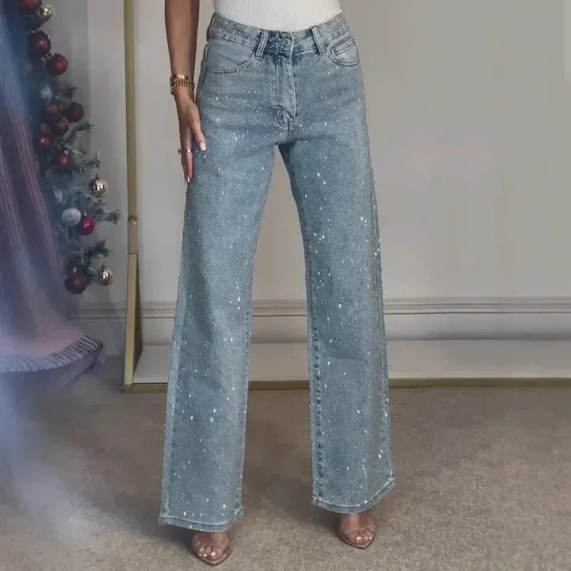 Rhinestone High Waist Straight Jeans
