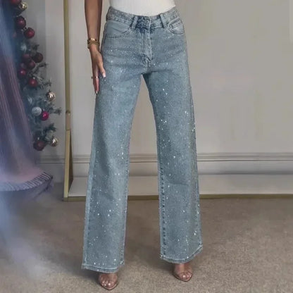 Rhinestone High Waist Straight Jeans