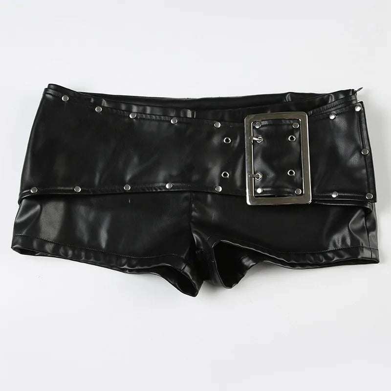 Sexy Rivet Buckle Belt Leather Shorts