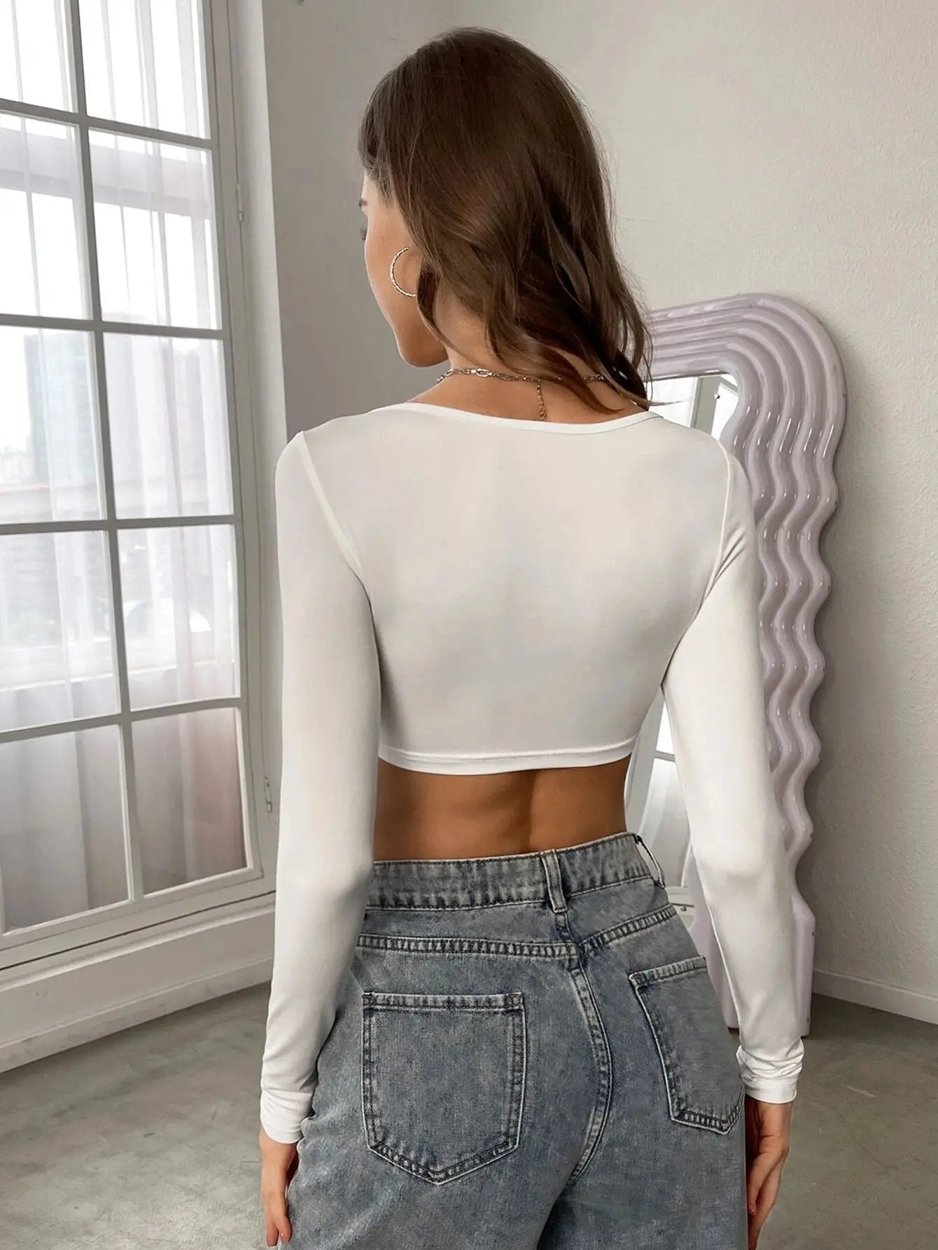 Long Sleeve Square Collar Crop Top