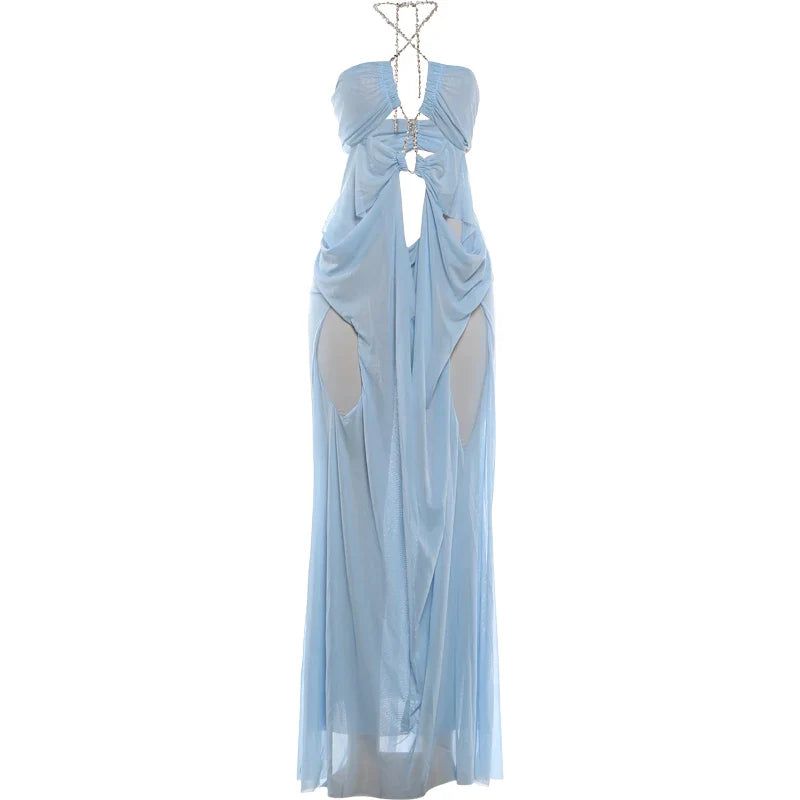 See-Through Halter Chain Backless Long Dress
