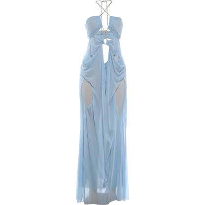 See-Through Halter Chain Backless Long Dress