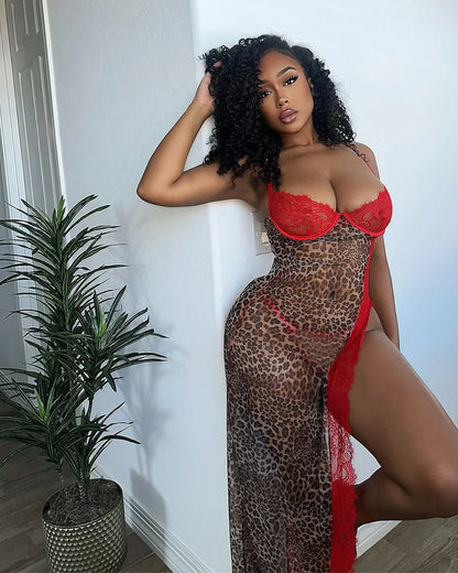 Leopard Sheer Lace Dress Lingerie