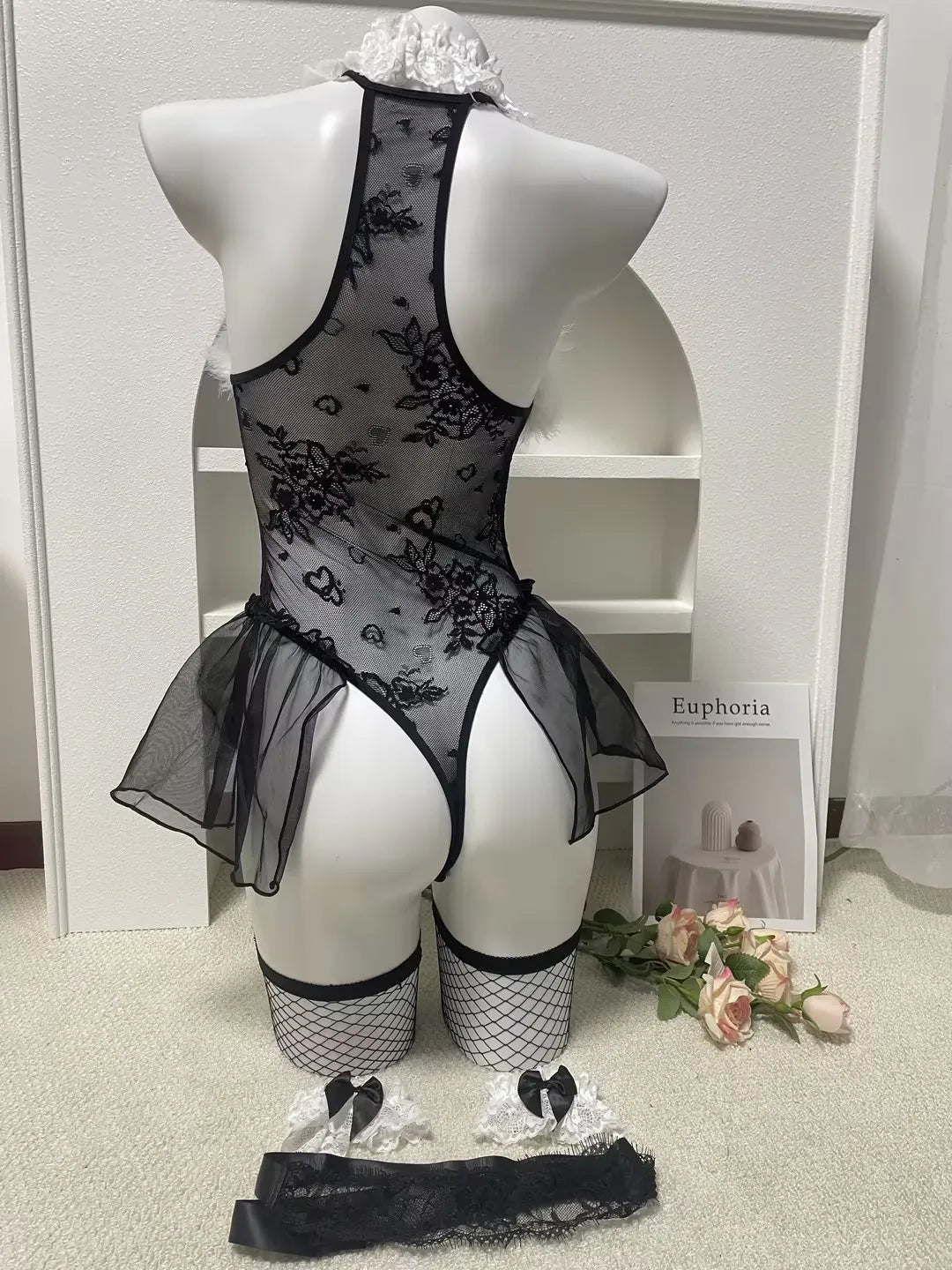 Sheer Floral Lace Feather Trim Teddies