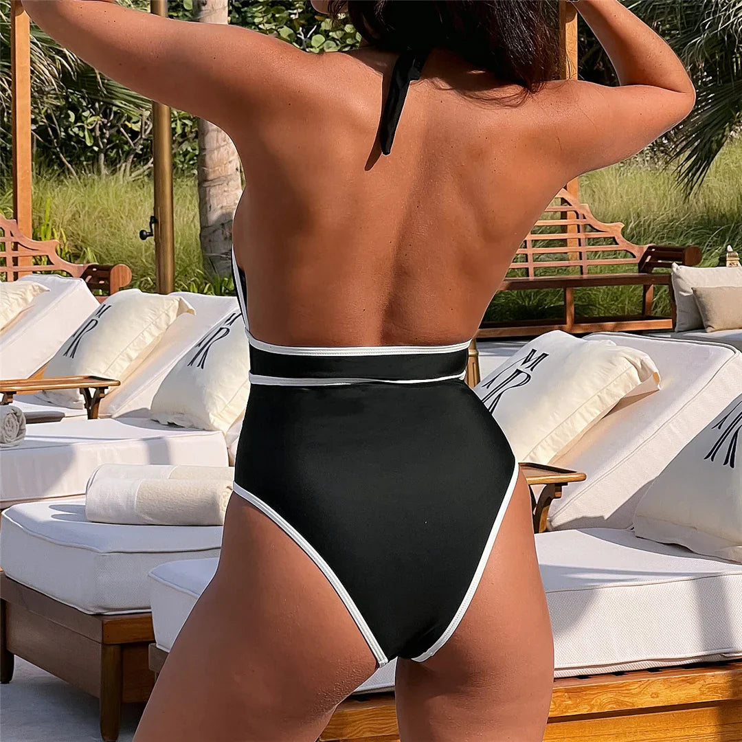Deep V-Neck Halter Black Monokini