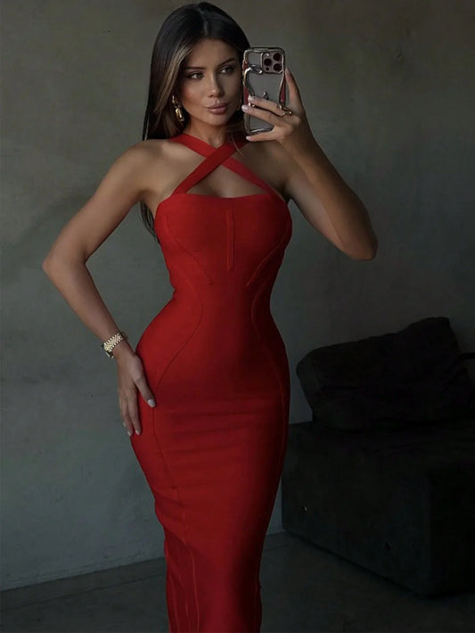 Halter Red Bodycon Midi Dress