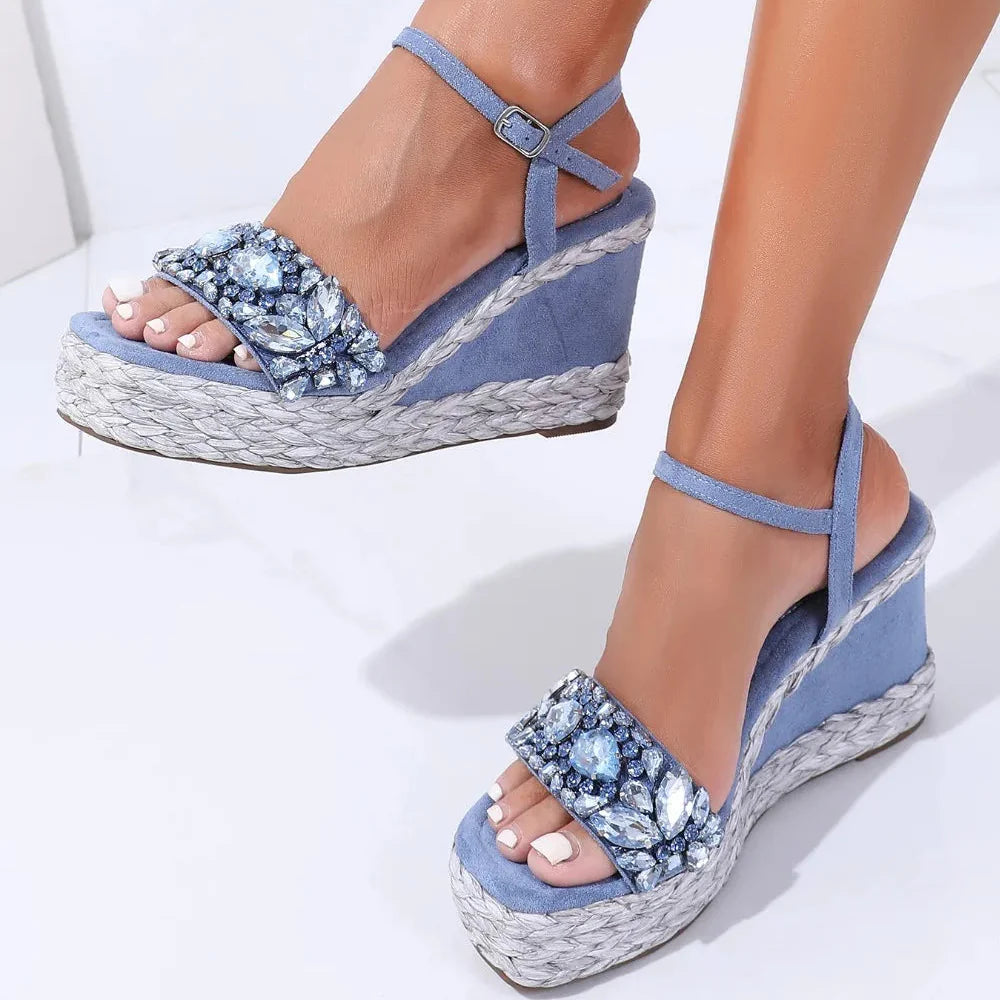 Rhinstones Velvet High Wedges Sandals