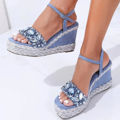 Rhinstones Velvet High Wedges Sandals