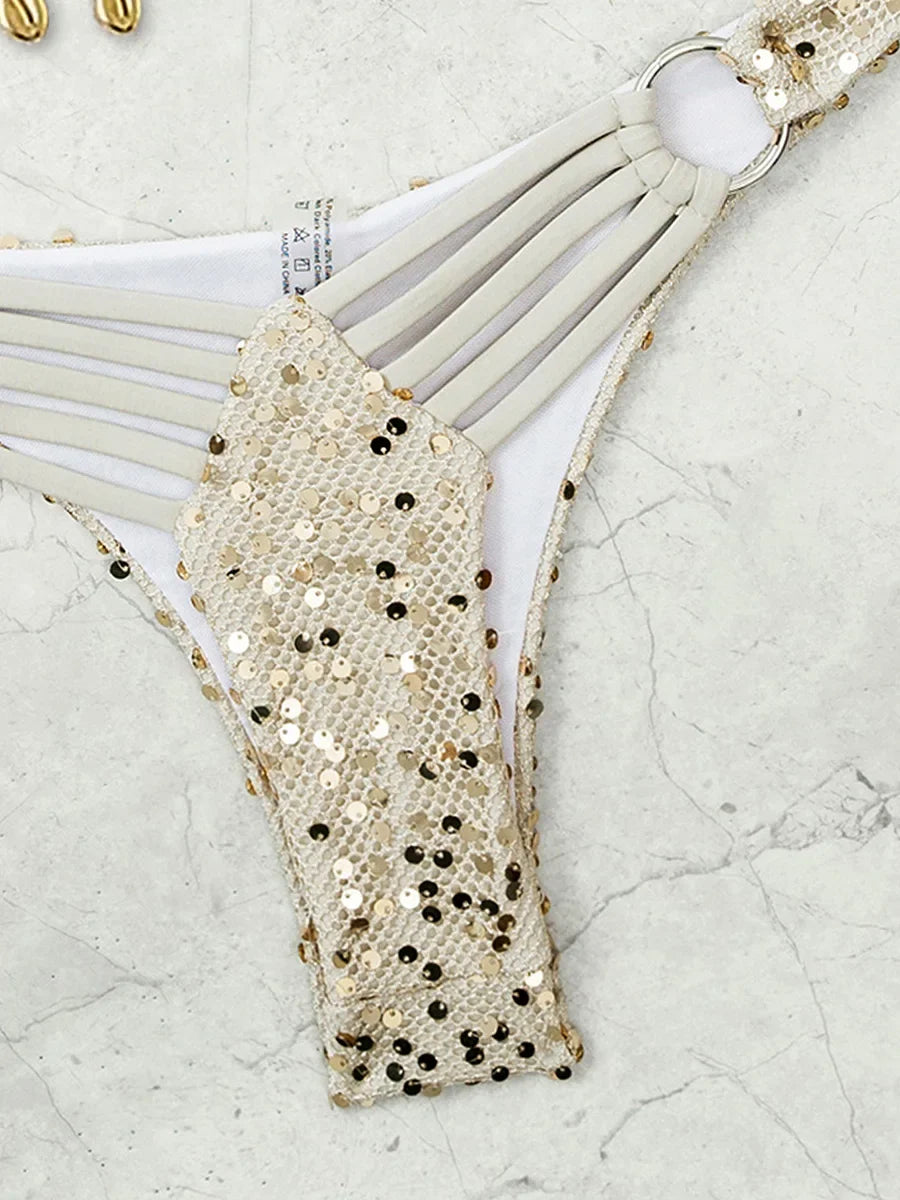 Shiny Sequins Halter Shell Bikini