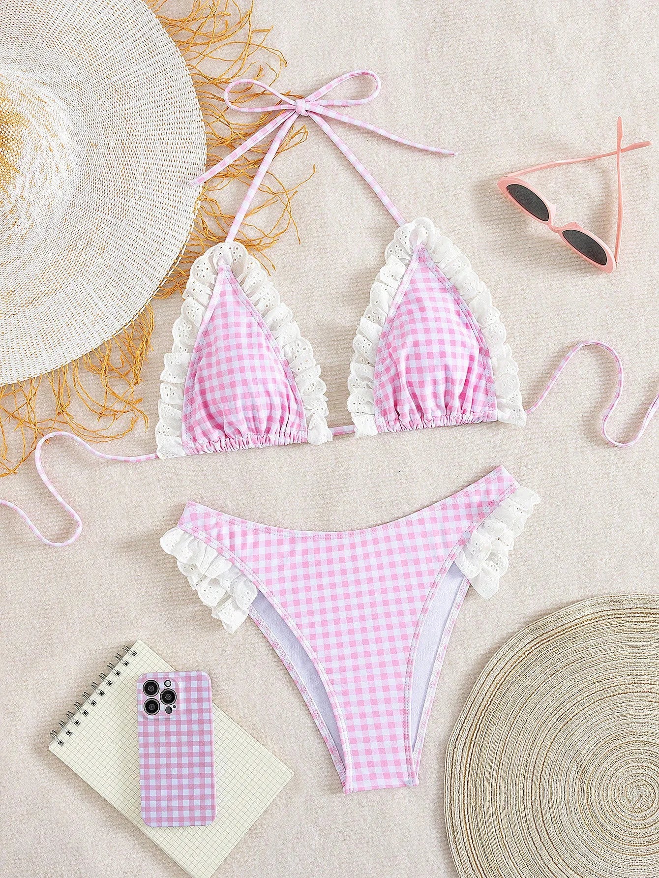 Summer Lace Trim Plaid Two-Piece