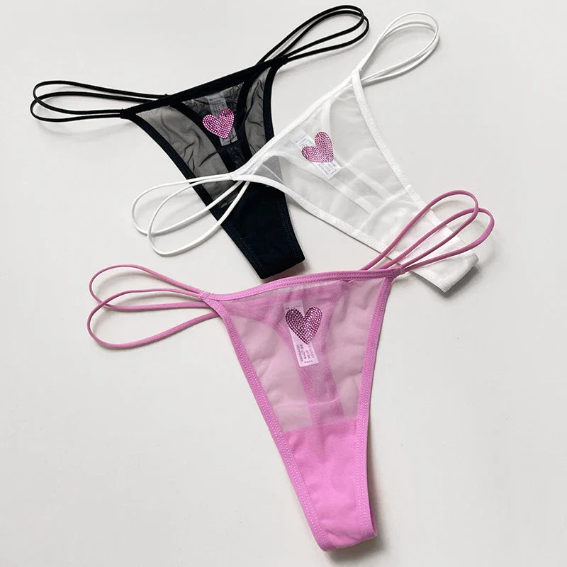 Heart Rhinestones Mesh Thongs