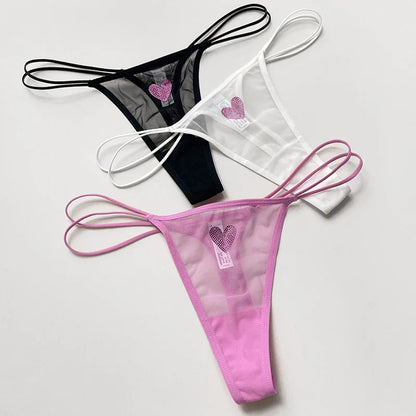 Heart Rhinestones Mesh Thongs