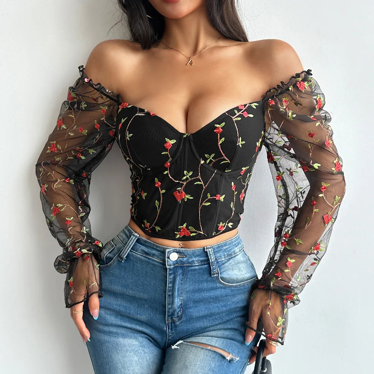 Flower Embroidery Lace Bustier